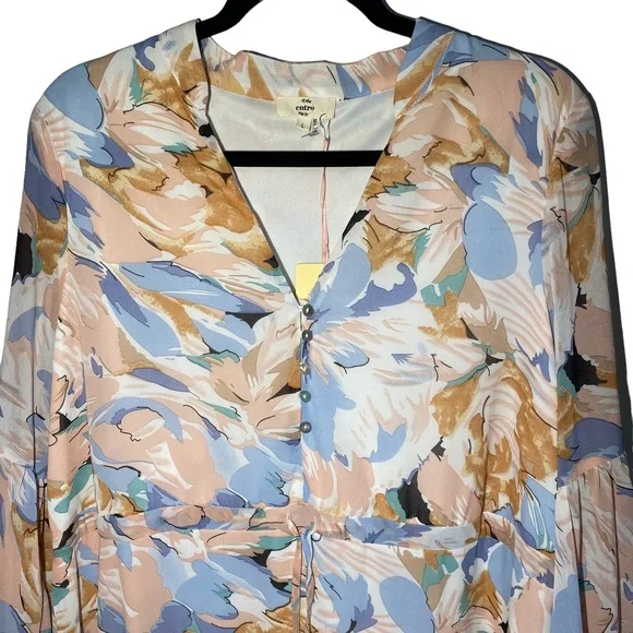 Entro Womens Large Floral Boho Preppy Pastel Long Sleeve Split Neck Tiered Dress - Picture 3 of 14